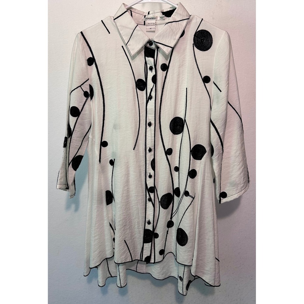 Feratelli Womens M White Black Abstract Polka Dot Button Up Tunic Shirt Top